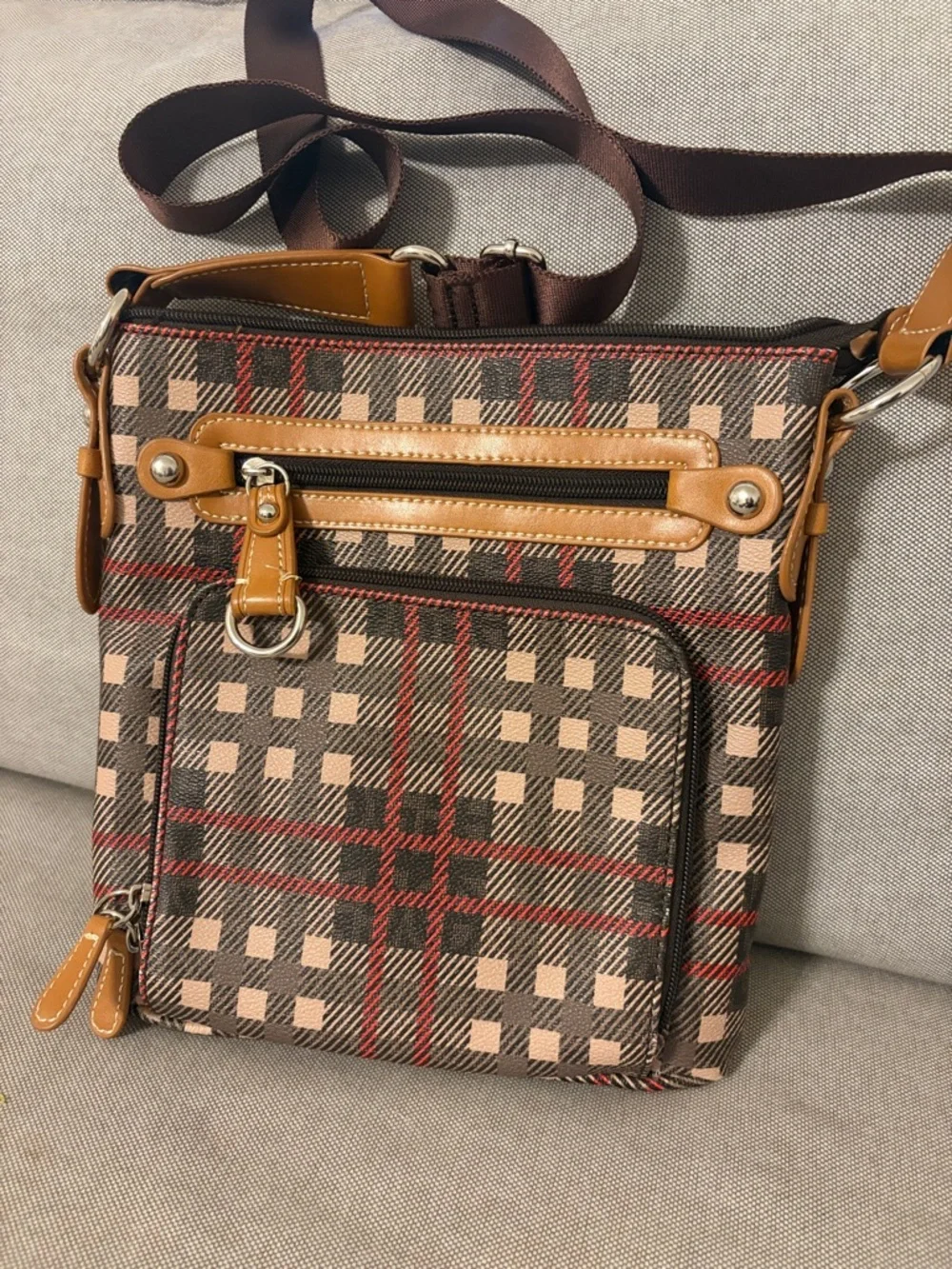 Giani Bernini Brown Plaid Crossbody with Tan Trim